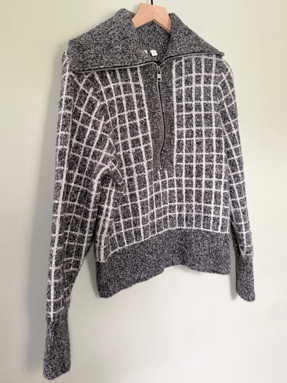 Varley Furley Half‎ Zip Knit Sweater Plaid Grey White Women’s Size XS